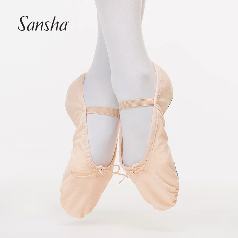 Sansha/三沙儿童跳舞鞋软底鞋两片底系带帆布练功鞋猫爪鞋NO.55C