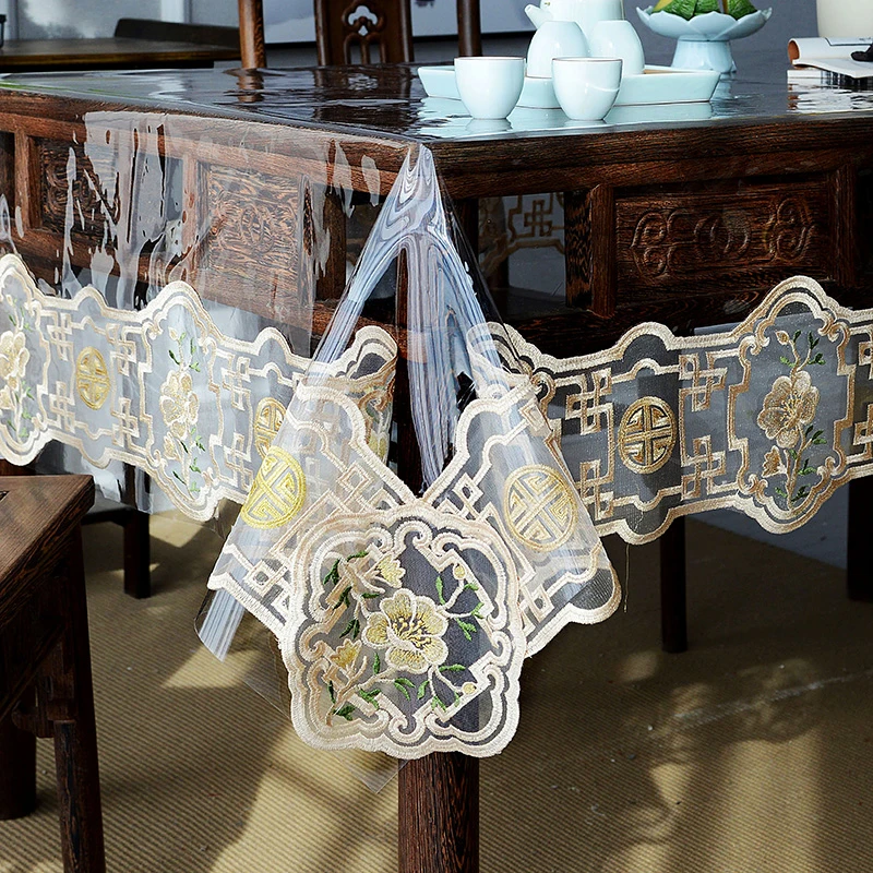 pvc桌布防水防油免洗台布家用茶几桌布透明软玻璃新中式蕾丝桌垫
