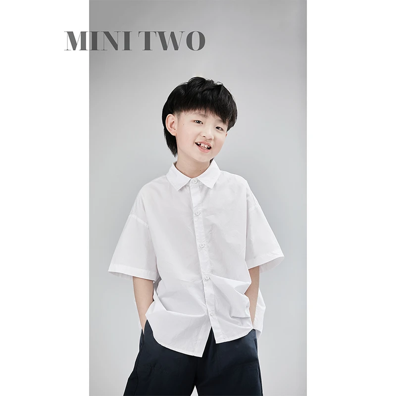 MT原创童装日系男童白色衬衫短袖儿童薄款休闲衬衣洋气炸街潮