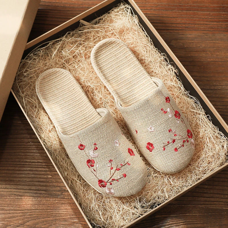 亚麻拖鞋女夏季男女情侣居家绣花防滑软底室内家用棉麻地板凉拖鞋