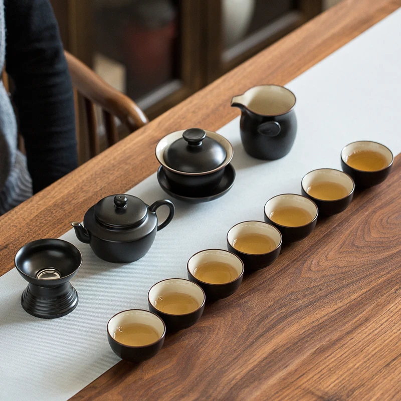 唐月窑功夫茶具套组家用盖碗茶杯黑色茶壶简约办公室陶瓷茶具套装