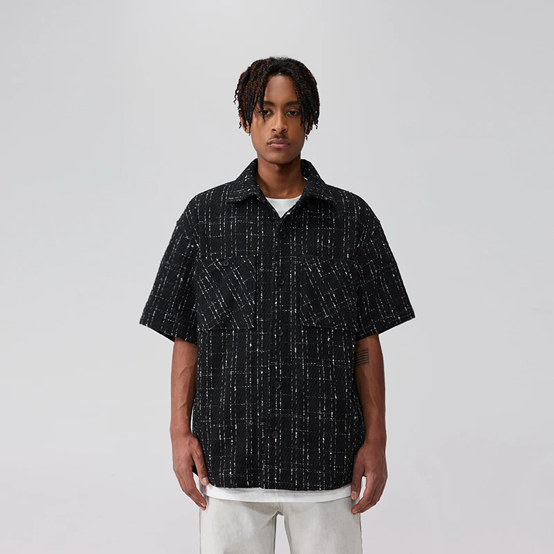 【无语不方】复古宽松格子格纹混纺短袖衬衫满印印花男士夏季潮流