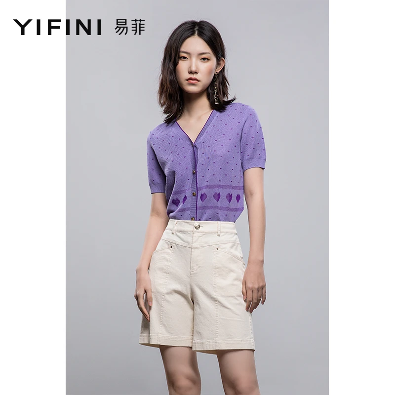 【Yifini/易菲】新款开衫短袖V领宽松百搭毛织女薄款毛衫A04T3919