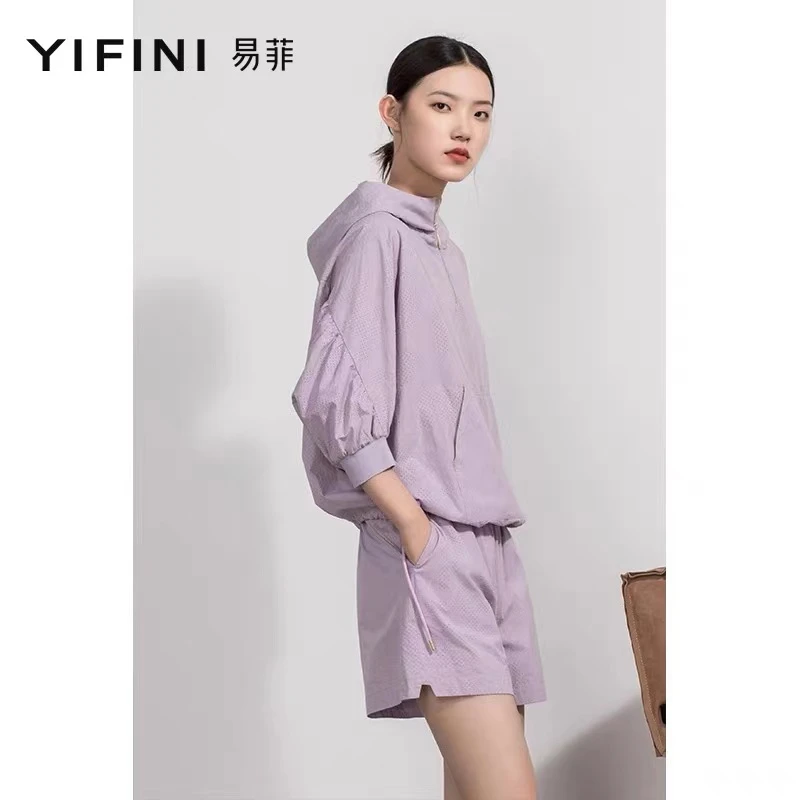 【Yifini/易菲】激光冲孔棉布连帽防晒时尚休闲卫衣套装A03G3901