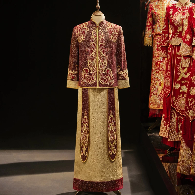 秀禾服男装2025年新款中式新郎服结婚礼服龙凤褂金色婚服男士接亲