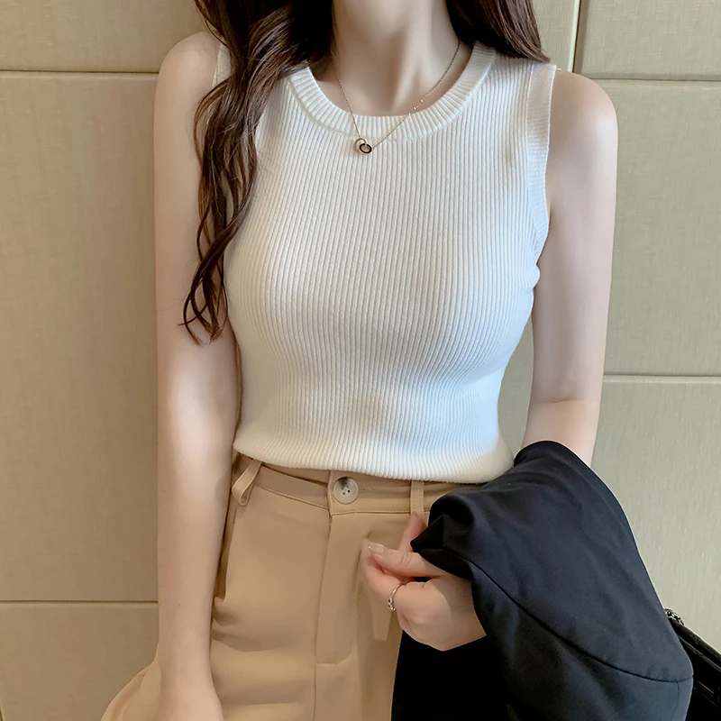 夏季白色针织网红女内搭潮西装打底衫紧身短款小背心外穿无袖上衣