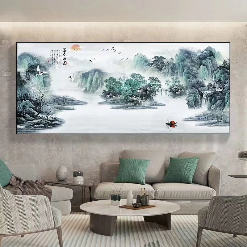 晶瓷镶钻客厅装饰画新中式挂画现代简约山水壁画免打孔时尚墙画