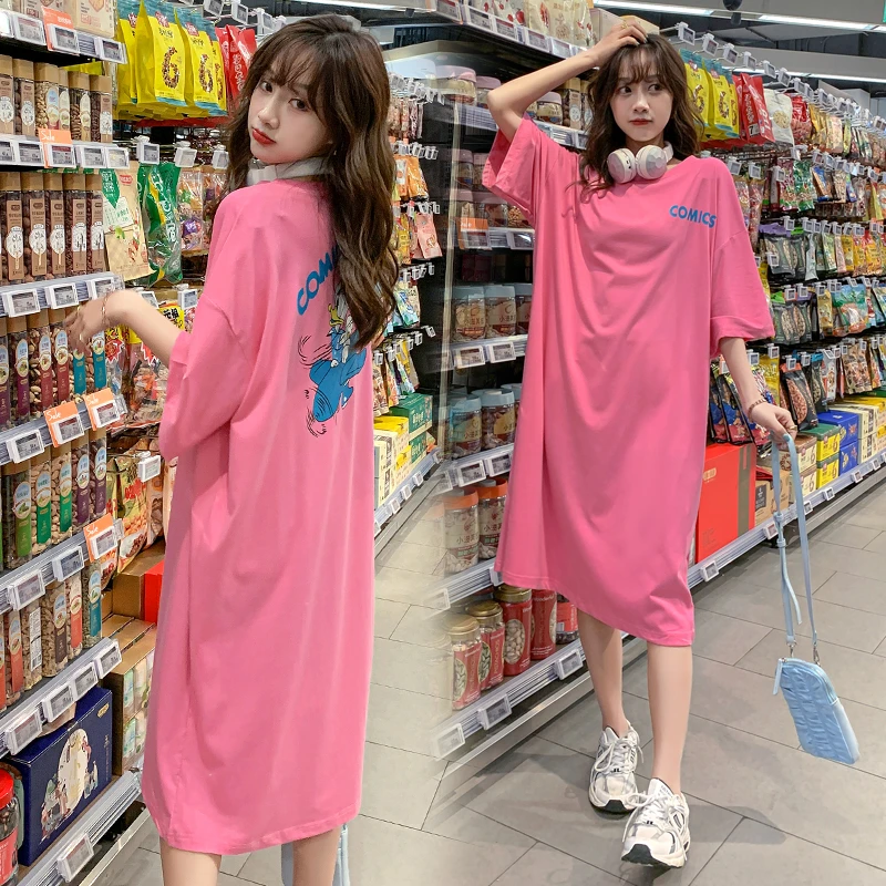 春夏纯棉短袖连衣裙女宽松外穿ins大码遮肚孕妇裙长款过膝T恤裙子