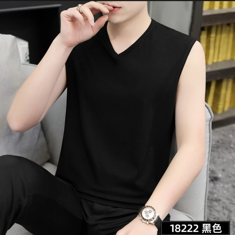 夏季冰丝宽肩背心男黑色宽松运动潮流薄款无袖t恤男士纯色V领外穿