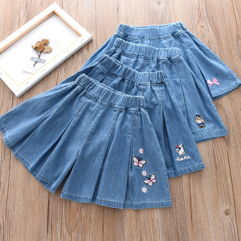 洋气女童天丝棉百皱裙裤儿童薄短款裙子软牛仔裙裤短阔题裤短裤