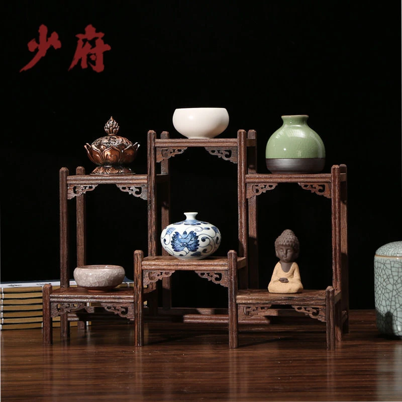 博古架实木小摆件多宝格茶具架子新中式质工艺品定制