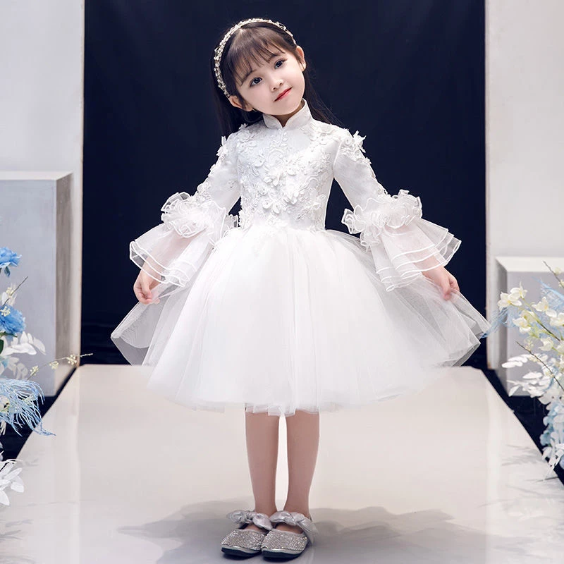 【婴而乐】女童礼服裙花童白纱婚纱裙小女孩生日公主裙长袖儿童