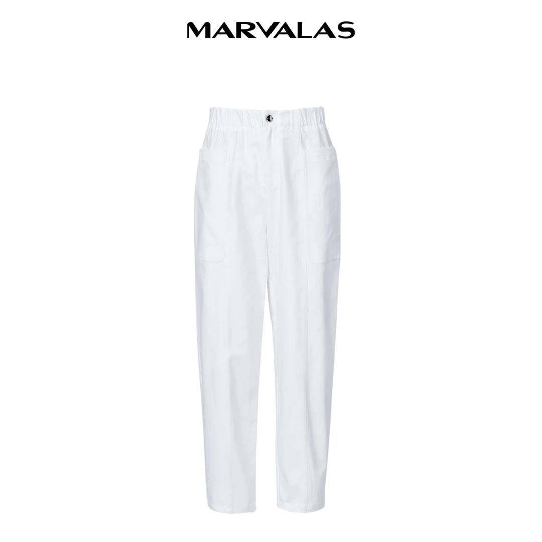 M130826#曼德诗白色宽松哈伦裤女2022春季新品简约舒适垂坠直筒休
