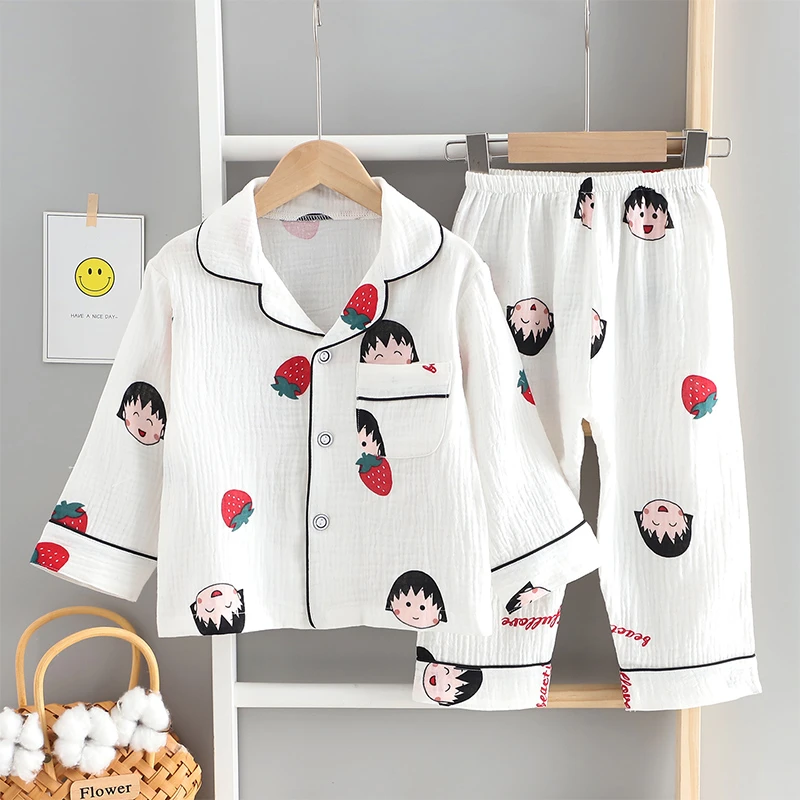 春秋儿童睡衣薄款长袖双层纯棉纱布套装男童女童空调服卡通家居服