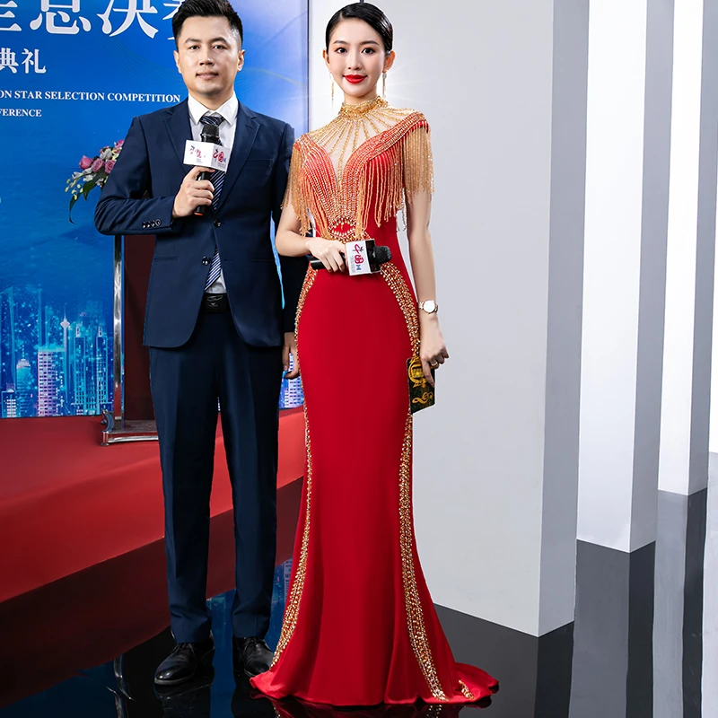 9311高端大气上档次年会长款晚礼服2024新款宴会主持人走秀表演服