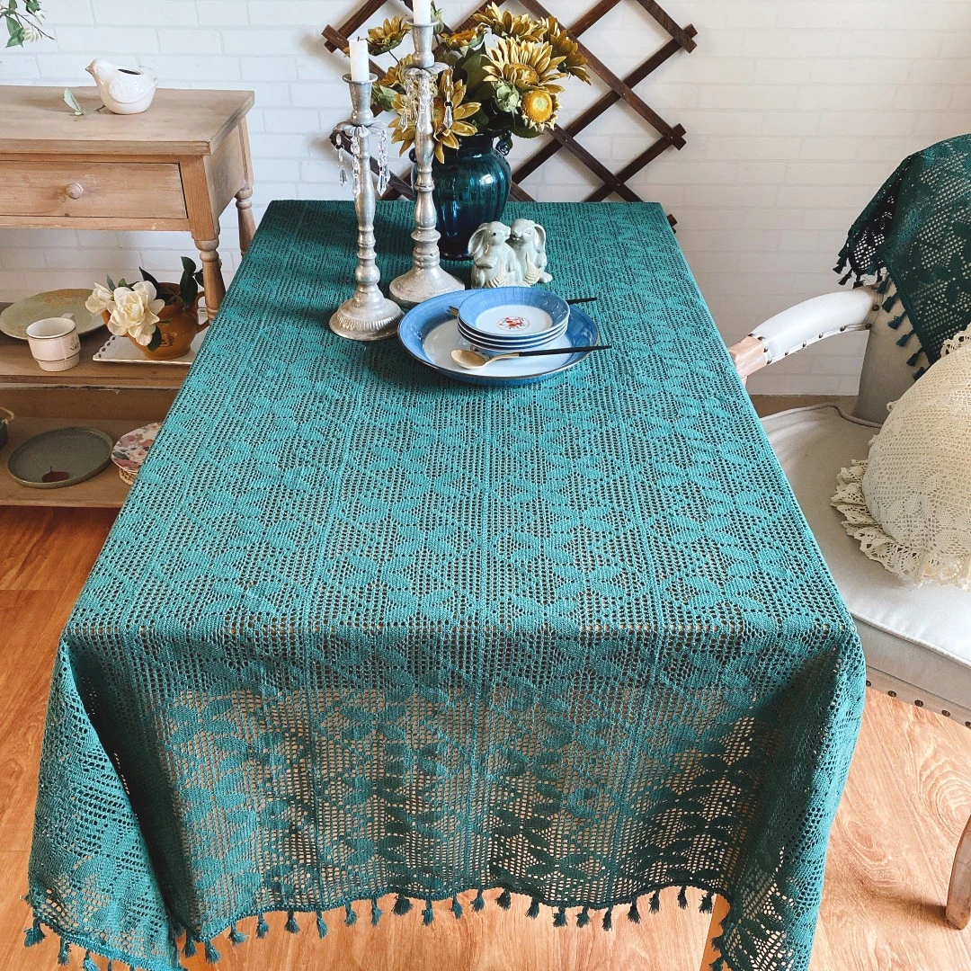 墨绿色床头盖巾美式钩针蕾丝圆桌布田园编织镂空流苏防尘茶几盖布