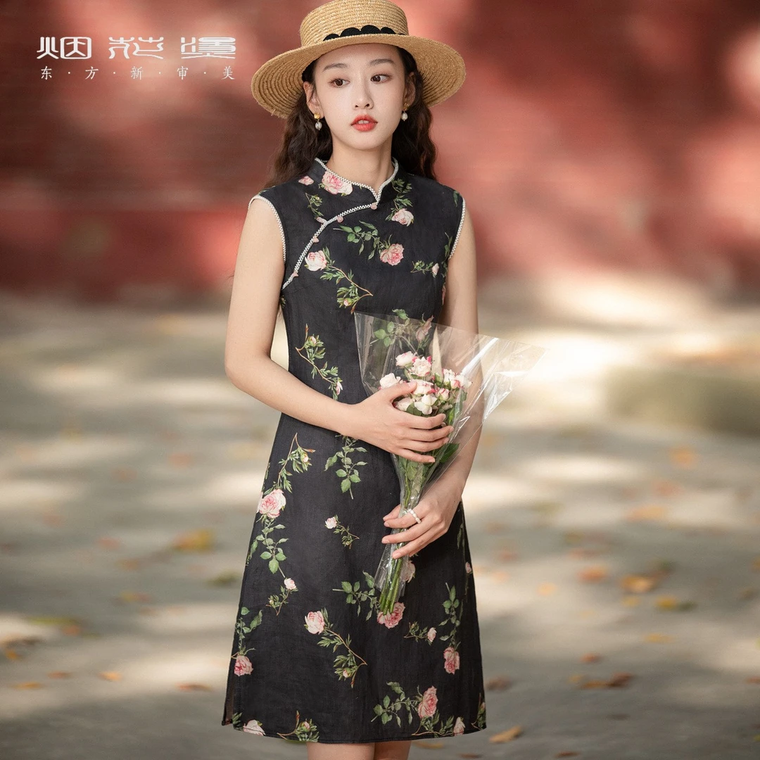 无袖天丝亚麻旗袍 2024夏季小个子气质复古碎花新中式连衣裙 未燕