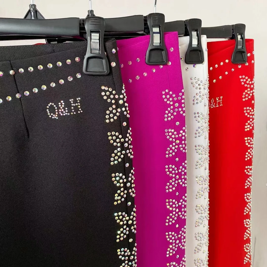 七海舞服新款原创设计女式秋款微喇烫钻三步踩水兵舞表演黑色长裤