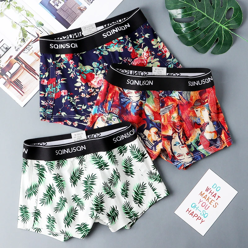 棉质男士阿罗裤男平角裤舒适个性印花四角裤透气家居裤青年大裤衩