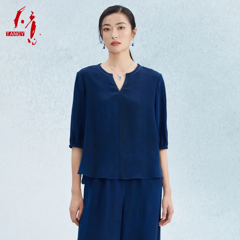 春夏新品中国风混纺线迹纯色中式V领七分袖宽松休闲女T恤 W222005