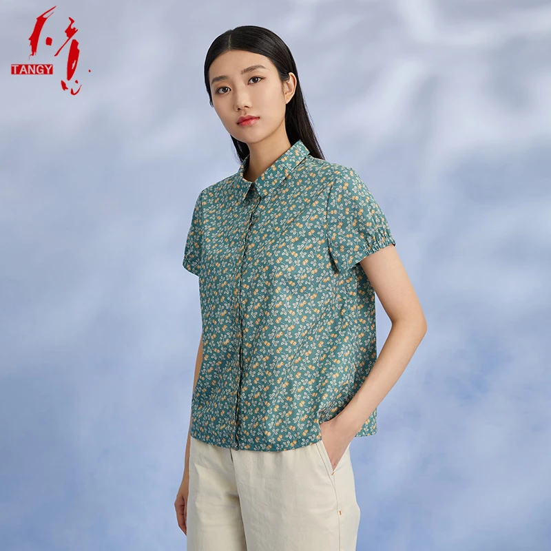 TANGY/天意春夏新品袖口灯笼收褶纯棉印花短袖休闲衬衫W222014
