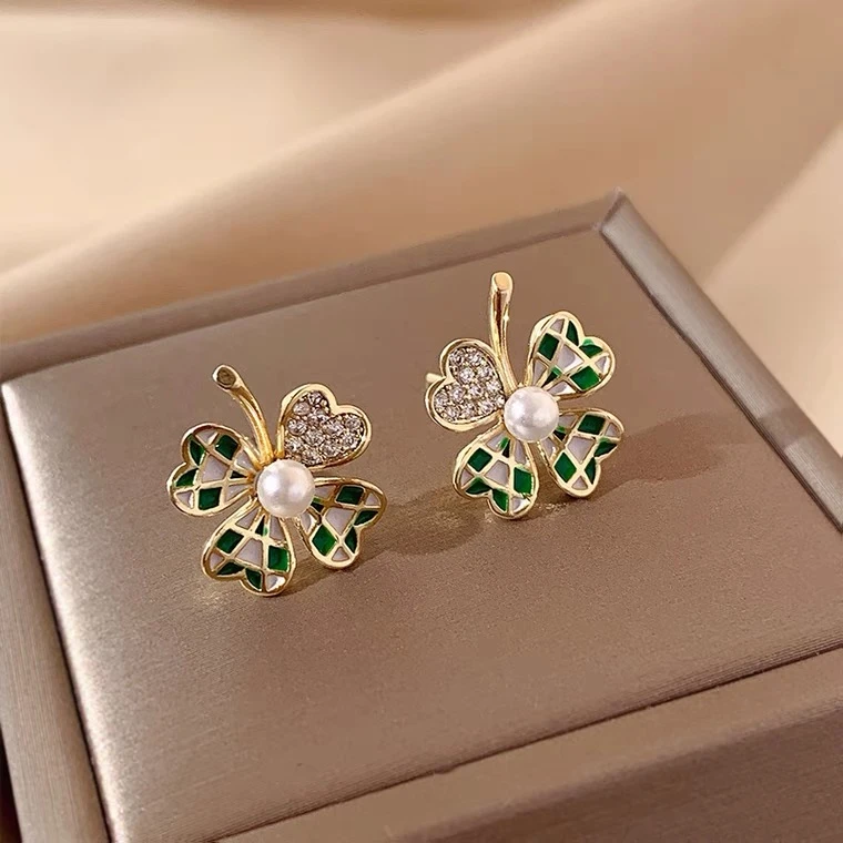水酷纺 铜合金耳饰 绿色幸运草耳环小众设计感高级耳钉