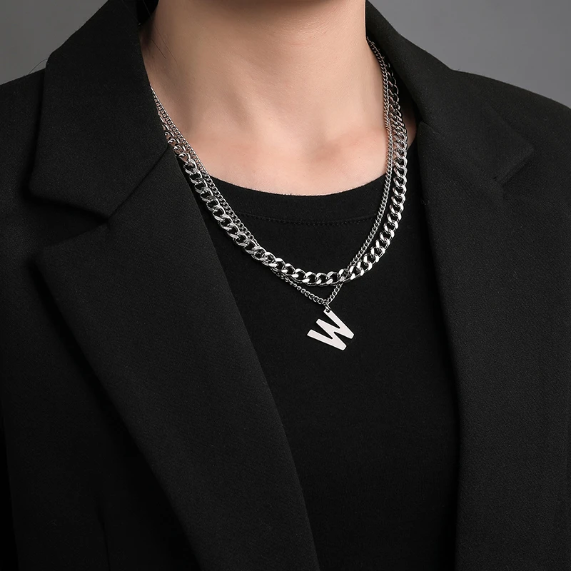 钛钢项链 W字母定制项链轻奢小众锁骨ins嘻哈男情侣潮高级感女链