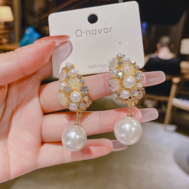 港风森系超闪花环气质银针耳钉耳环女珠珠耳饰时尚高级百搭轻奢