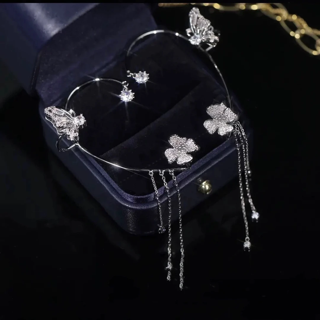 铜合金合成锆石耳饰 蝴蝶流苏无耳洞高级感设计轻奢耳骨夹仙气