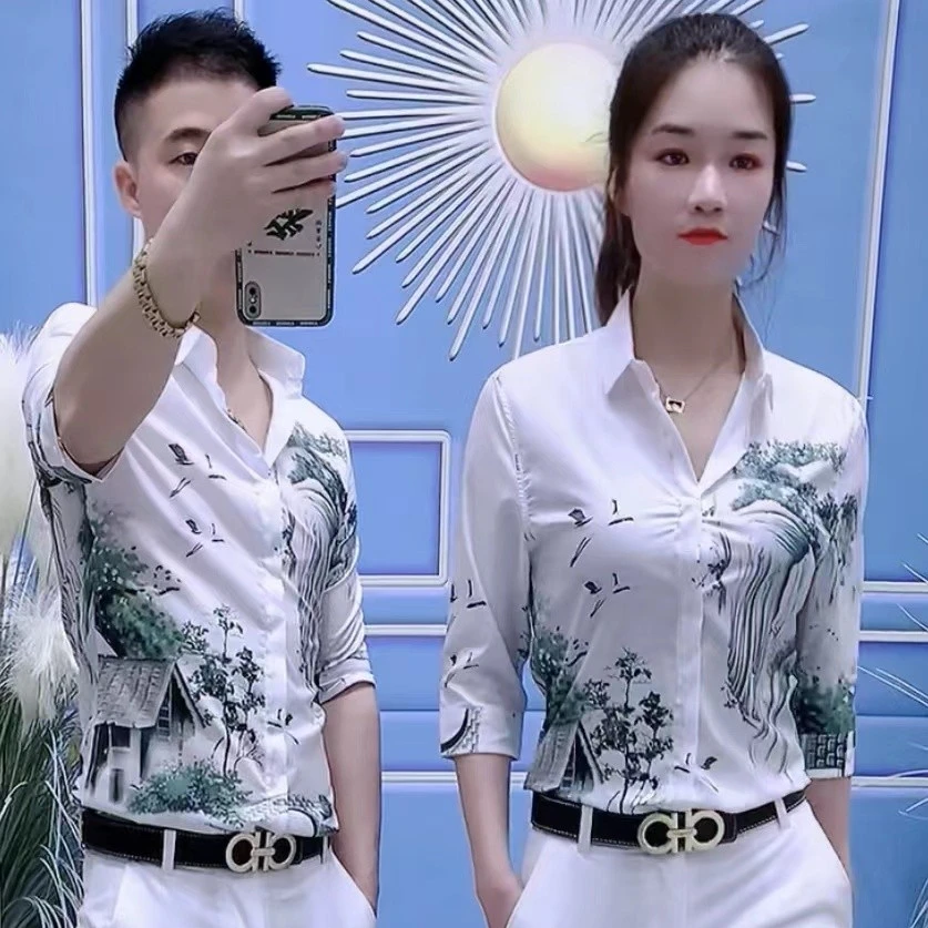 2022青春时尚网红情侣同款时尚修身山水画中袖衬衫（男女同款）
