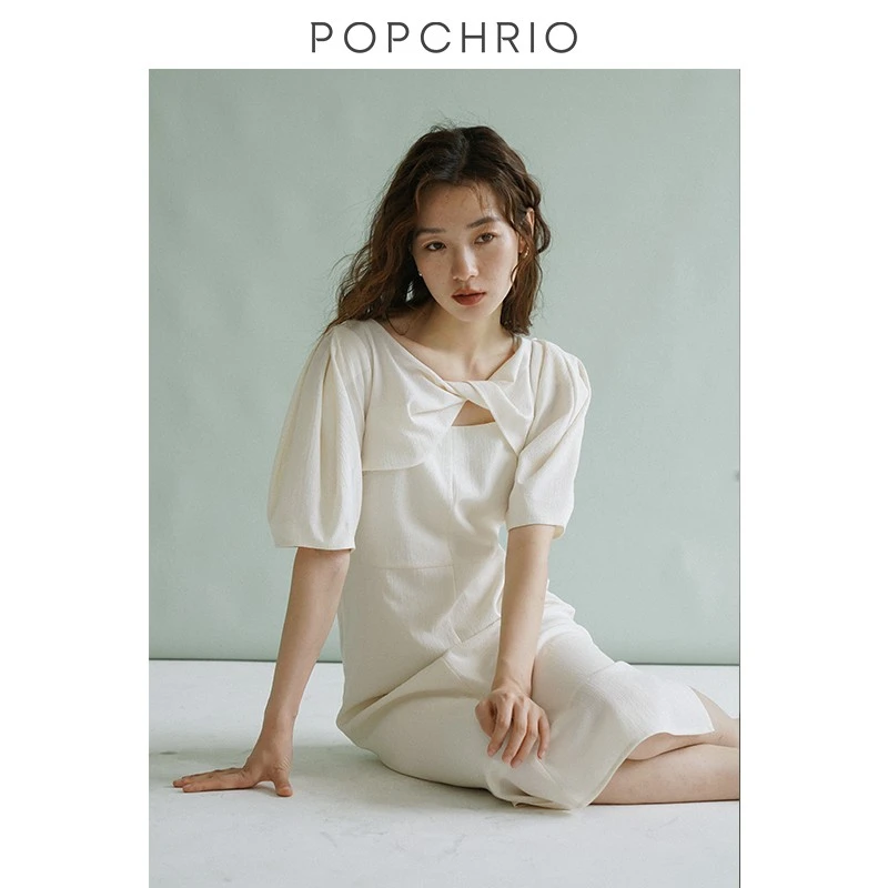 POPCHRIO欧可芮◆设计感扭结泡泡短袖连衣裙气质显瘦赫本风小黑裙