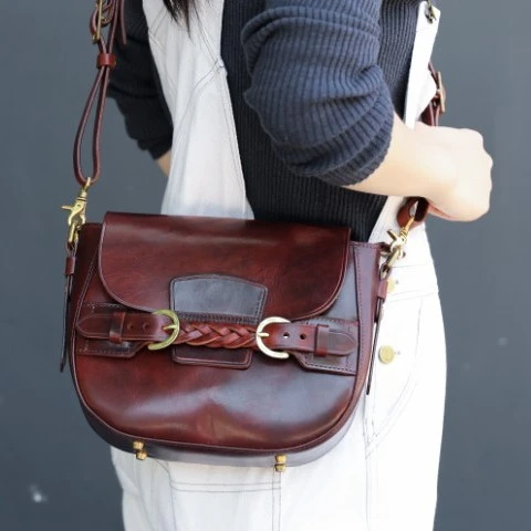 可皮手工皮具编制插扣马鞍包复古牛皮单肩真皮肩包时尚休闲百搭