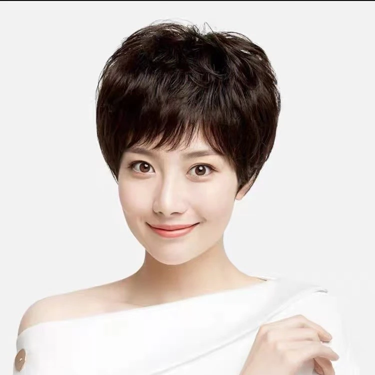 全头假发女短发真发全真人发时尚新款蓬松中老年女士妈妈短卷发套