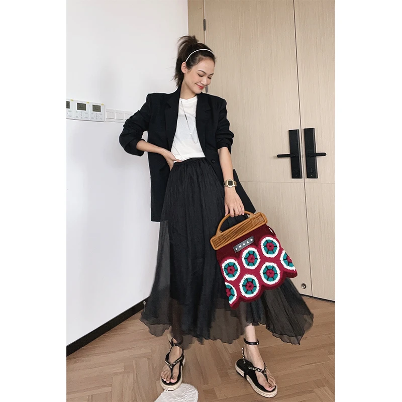 美洋MEIYANG 黎雾绿光半身裙 木耳边不规则中长款雪纺裙