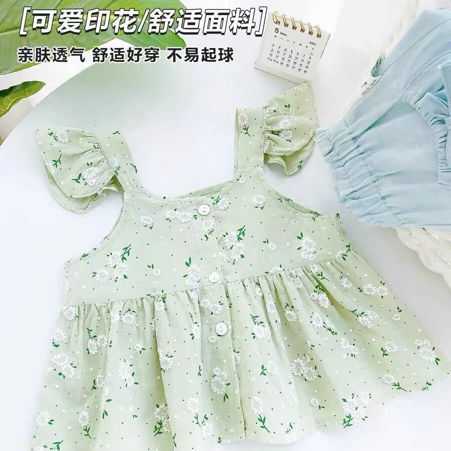 【捡漏110码】女童夏季吊带韩版洋气裙式小飞袖无袖碎花上衣11241