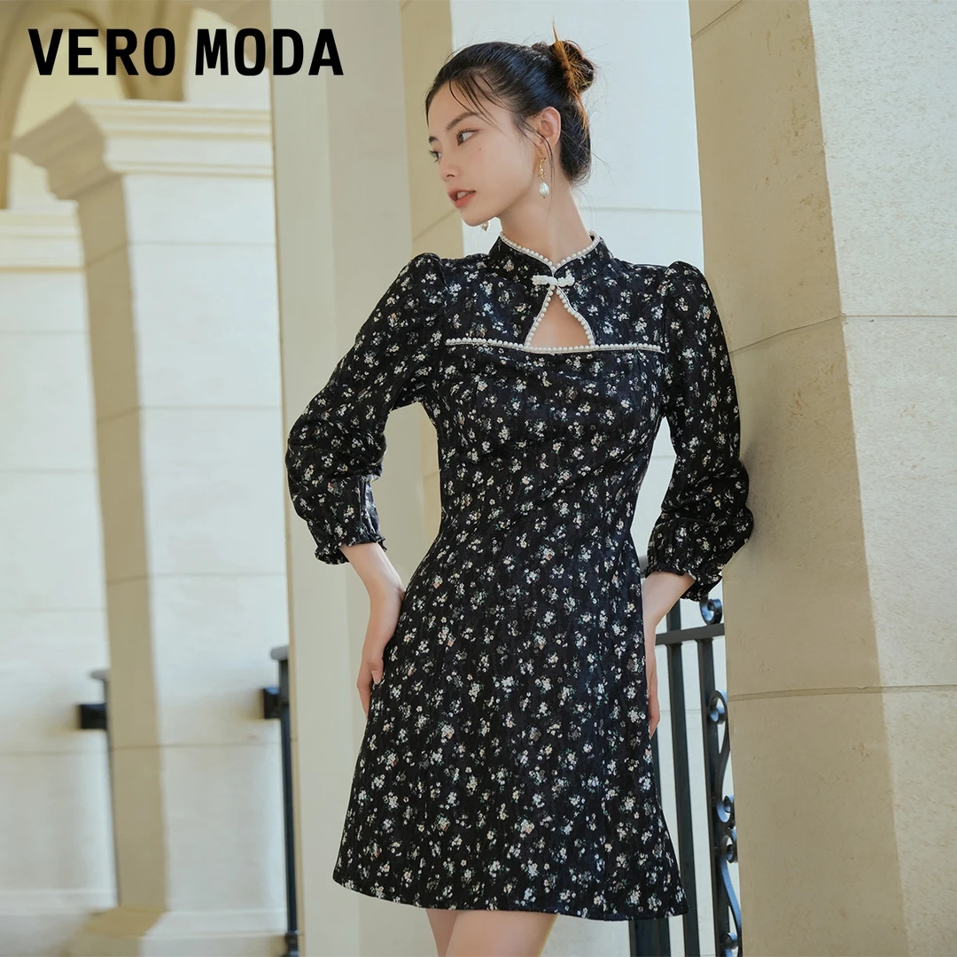 【小店专享】Vero Moda新中式国风碎花显瘦镂空钉珠连衣裙322261028