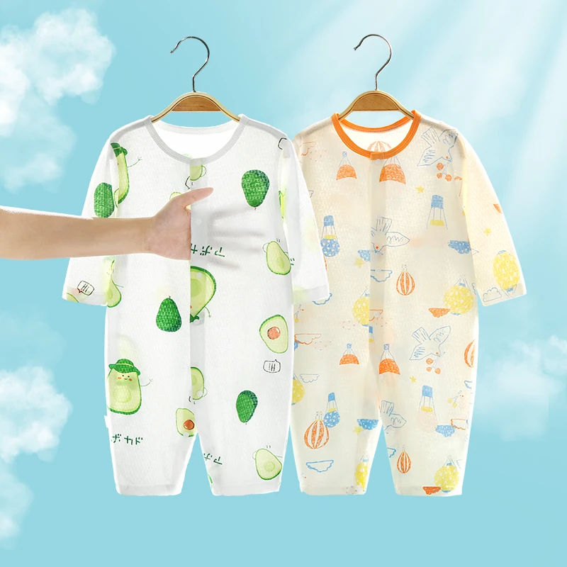 X2025夏季长袖空调服薄款婴幼儿连体衣新生儿童爬服哈衣纯棉睡衣