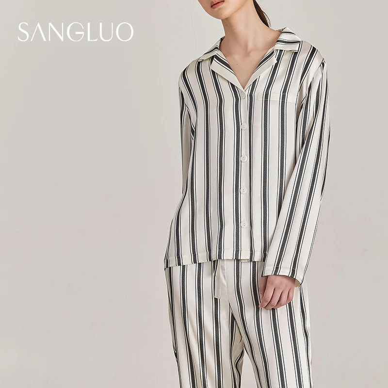 SANGLUO真丝睡衣套装时尚条纹宽松舒适情侣桑蚕丝起居服03222858