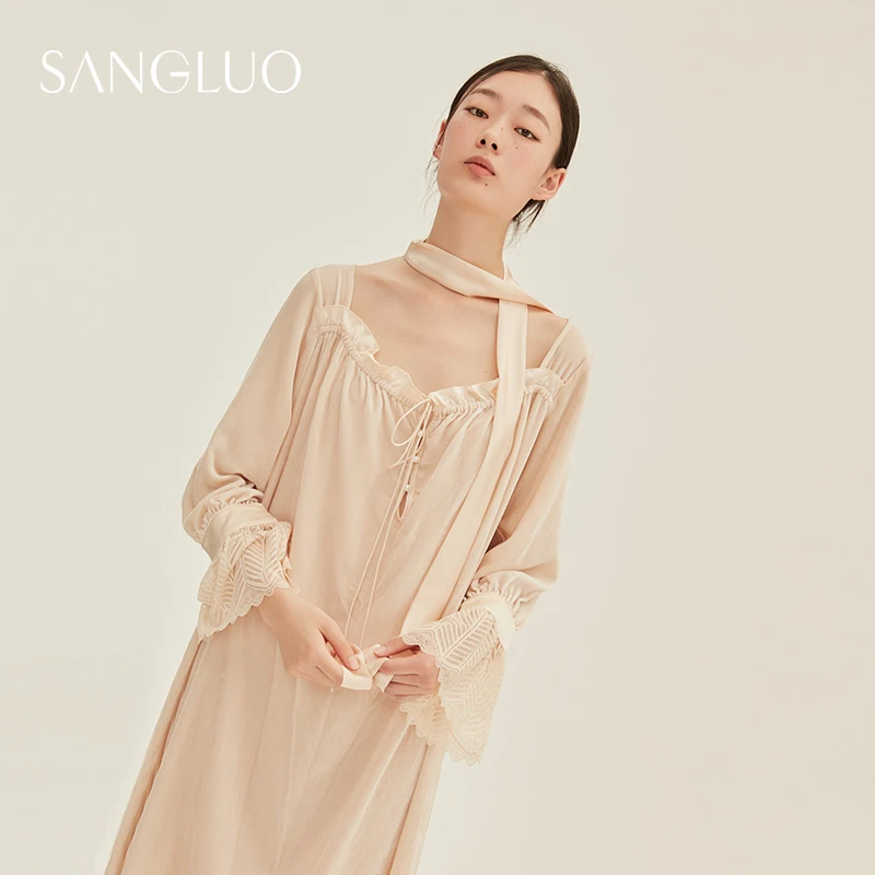 桑蚕丝丝绒睡裙蕾丝拼接长袖家居服长裙女连衣裙03223148