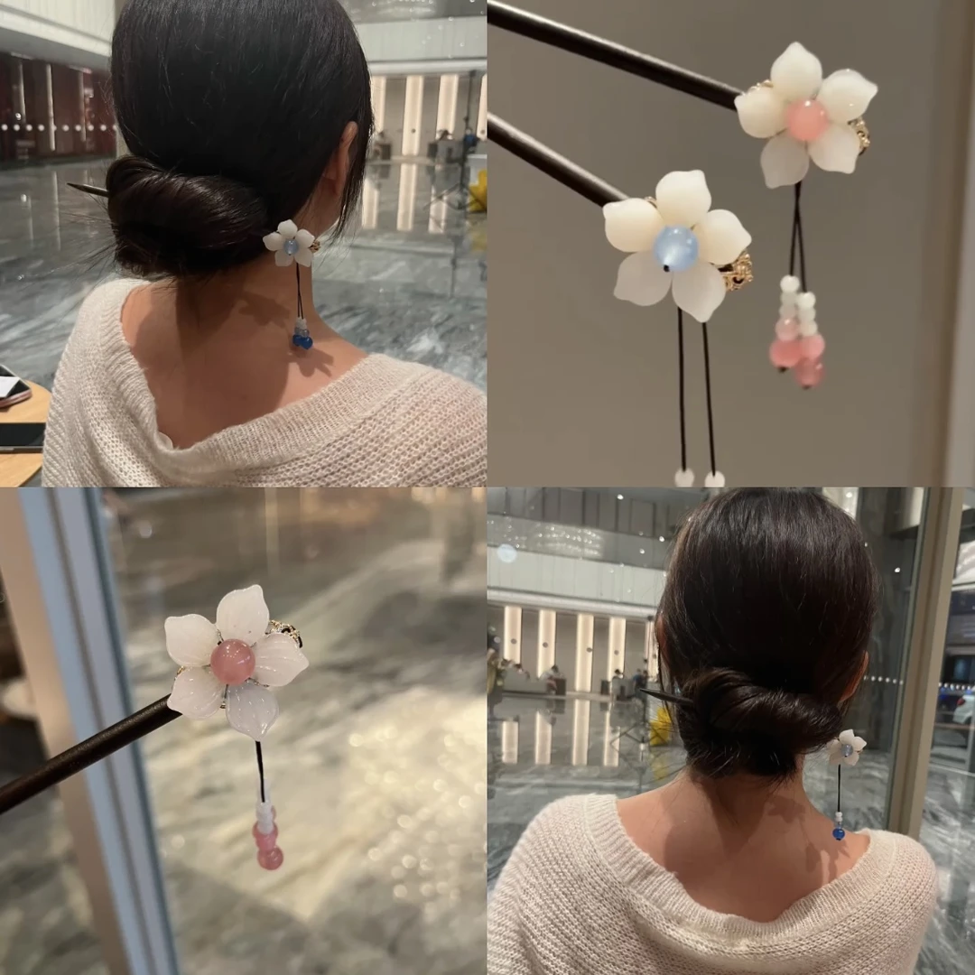纯手工制作~复古温柔桃木系列花朵流苏发簪