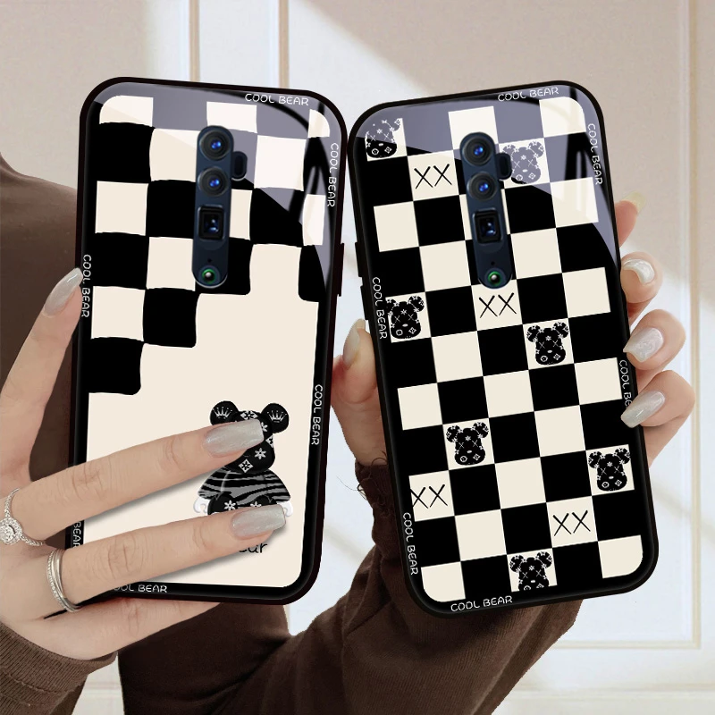 opporeno手机壳棋格潮熊RenoZ情侣reno10倍变焦保护套renoace玻璃