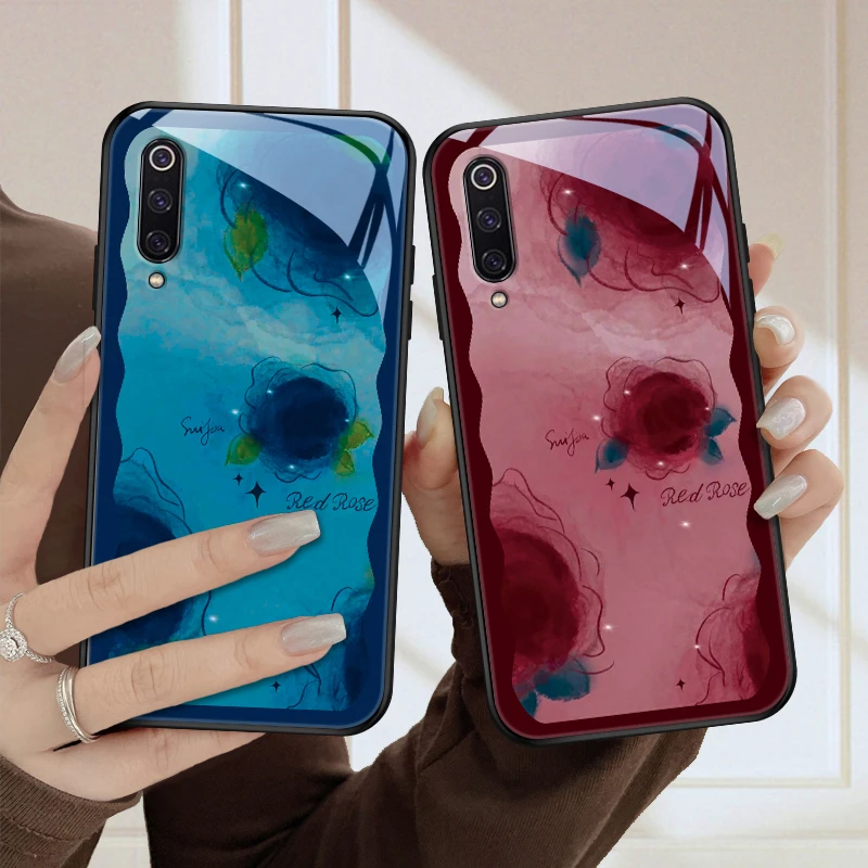 彩墨花适用小米9手机壳9pro保护套9se全包防摔cc9pro高级女款玻璃