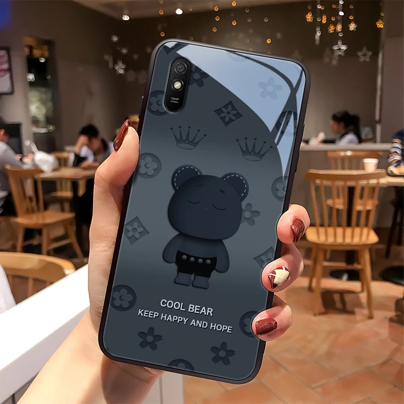 圆脸熊适用小米红米9a手机壳redmi9情侣男生女款高级红米8玻璃款8