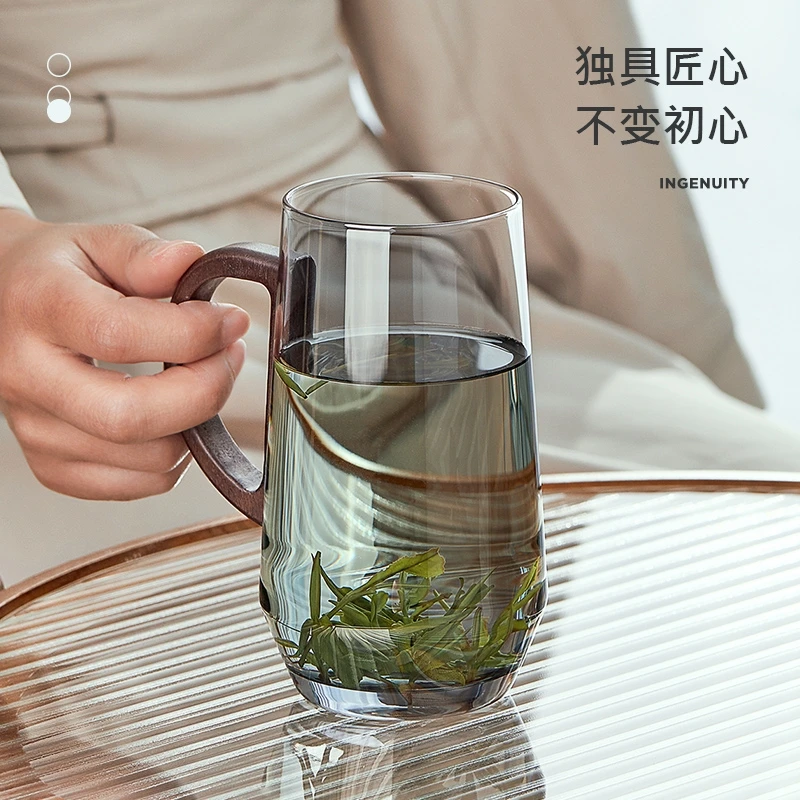 绿茶专用玻璃泡茶杯家用耐高温木把玻璃杯日式简约加厚办公杯水杯