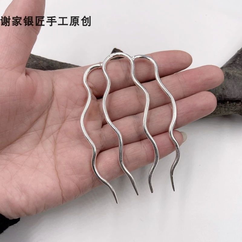 谢家银匠 足银银制品 手工制作999纯银波浪发簪    999简约银簪