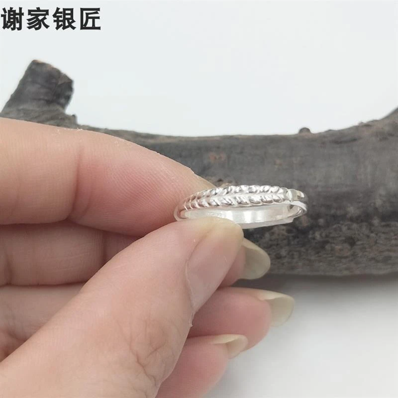 谢家银匠 足银戒指 手工女式戒指 麦穗纯银银女戒指]男女尾戒素款
