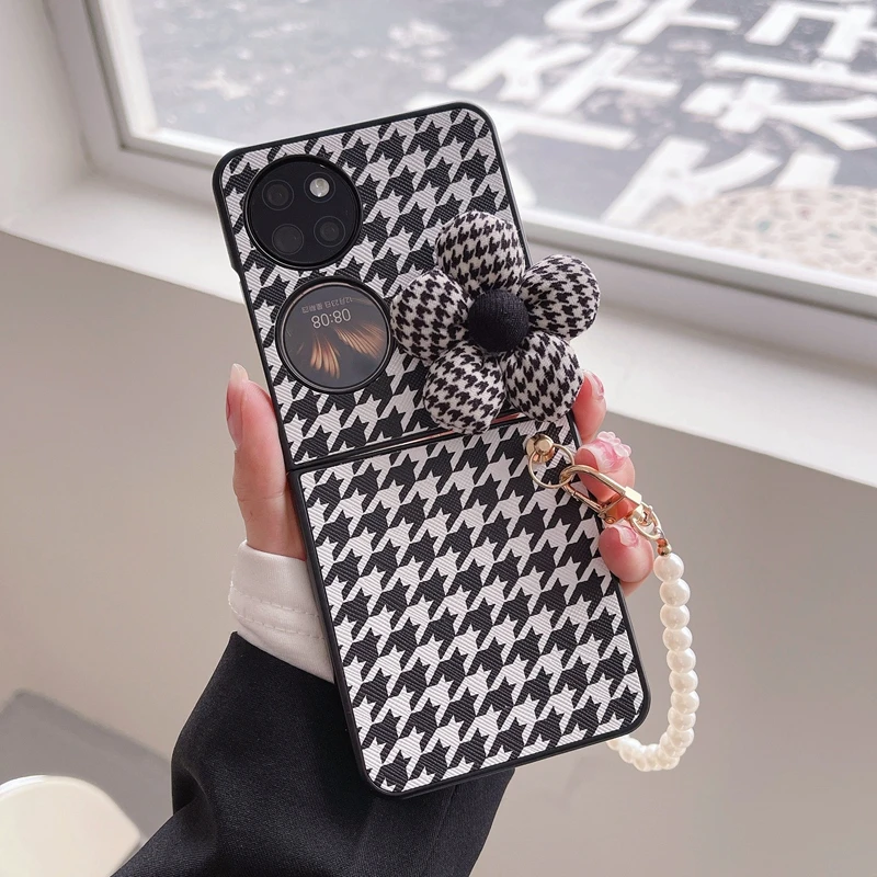 华为P50 Pocket手机壳千鸟格花朵珍珠手链新款时尚Pockets保护套