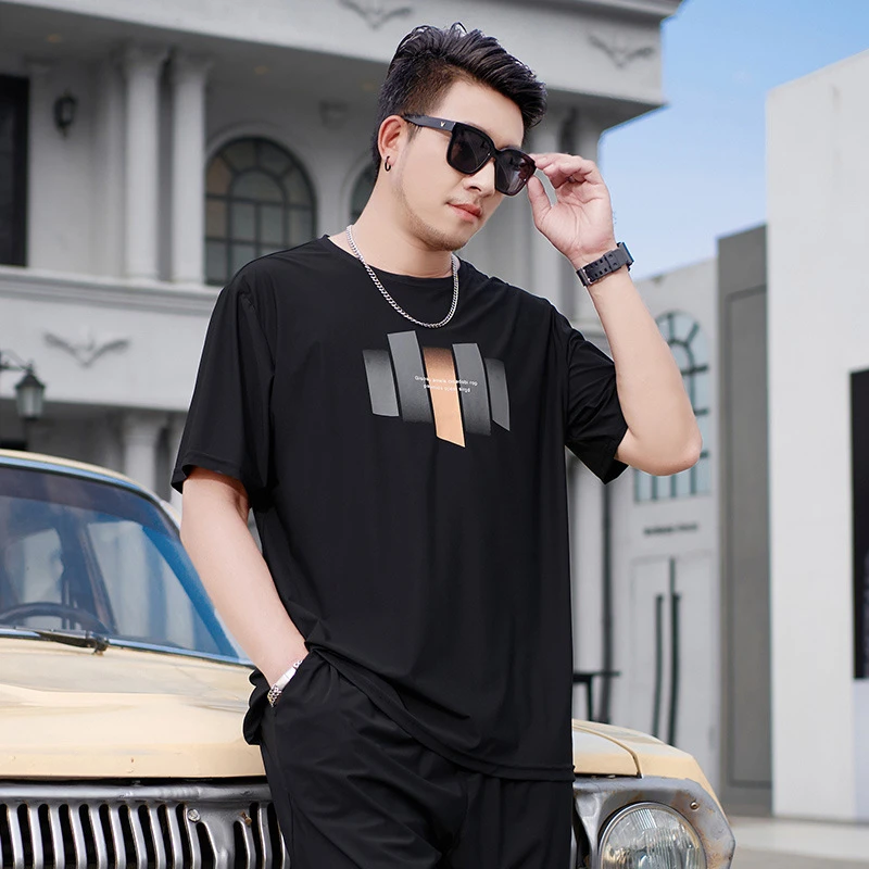 夏款冰丝男士t恤胖子肥佬宽松休闲速干弹力加肥加大码圆领上衣