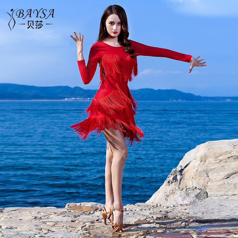 baysa贝莎拉丁舞服女成人蕾丝流苏性感连衣裙舞蹈表演服A1161百搭