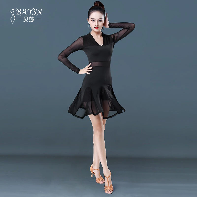 拉丁舞裙新款专业练功服女成年网纱连衣裙秋长袖表演出服a1152